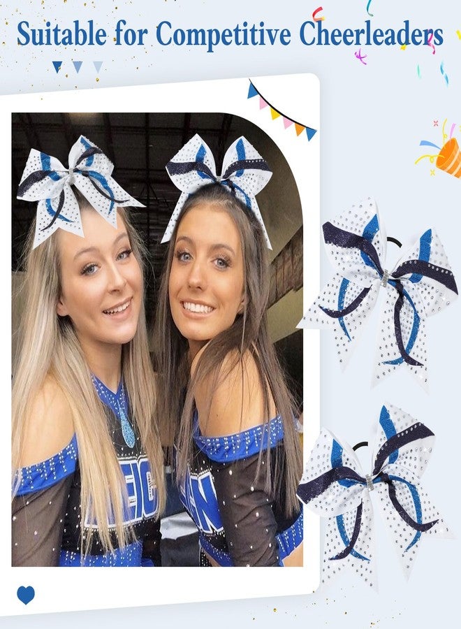 CEELGON 6PCS Full Glitter Rhinestone Cheer Bows Criss Cross Stiff Competition Large Cheerleading Hair Bows Elastic Band for Cheerleaders Girls -White/Blue/Navy - Image 4